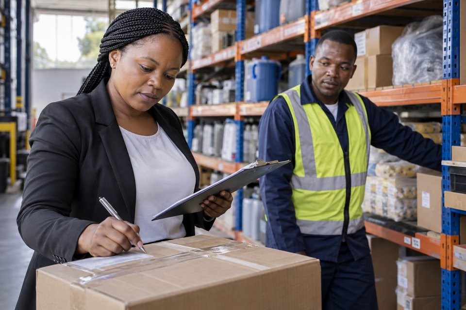 An auditor checks a carton against a stock sheet with a warehouse employee.