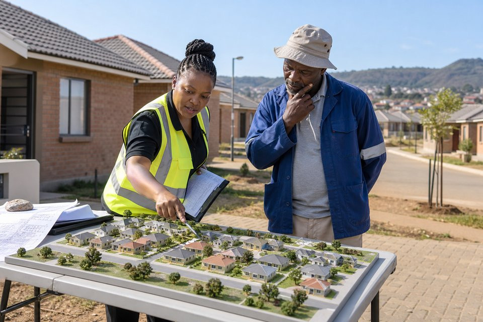 A housing officer and resident examine a model of a planned housing development.
