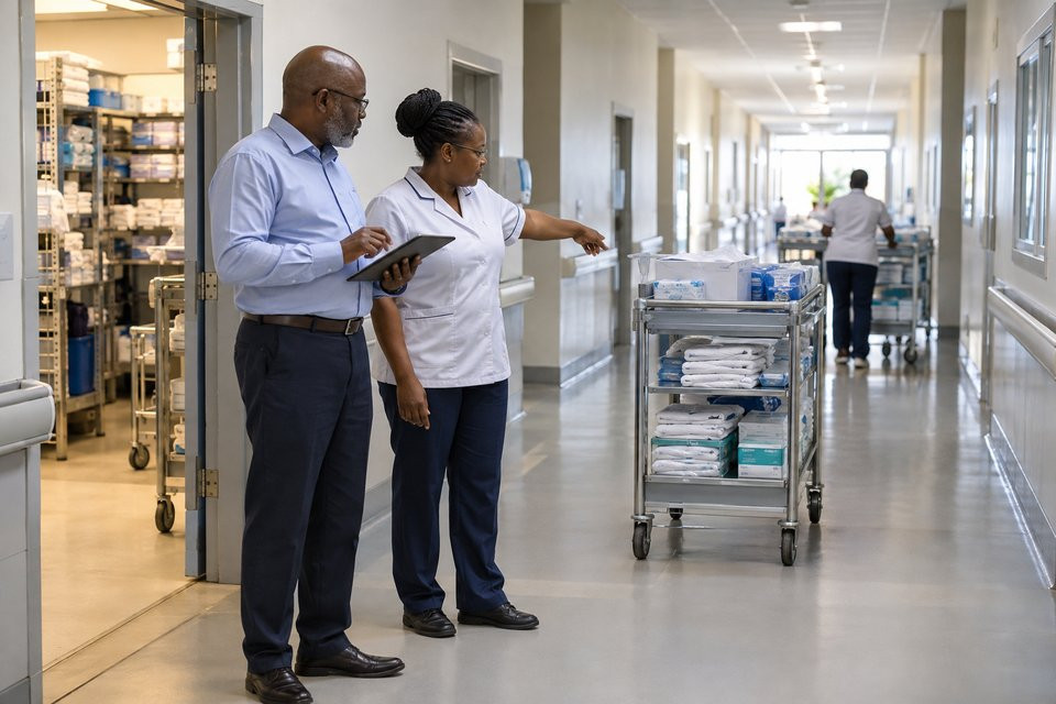 Hospital managers review the movement of clean supplies from a storeroom.