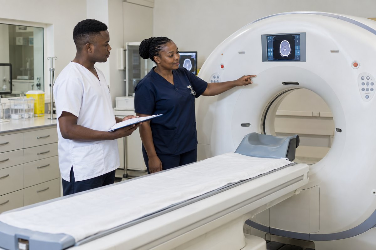 Two imaging practitioners review a CT scanner in a radiology room.