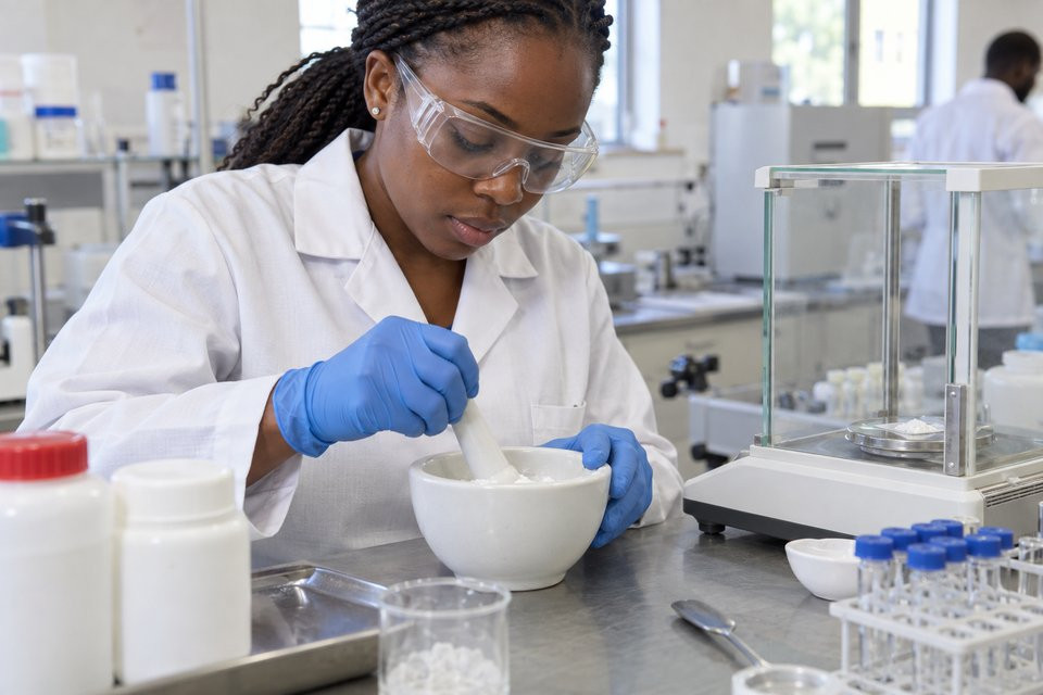 A pharmaceutical technician uses a mortar and pestle at a formulation bench.