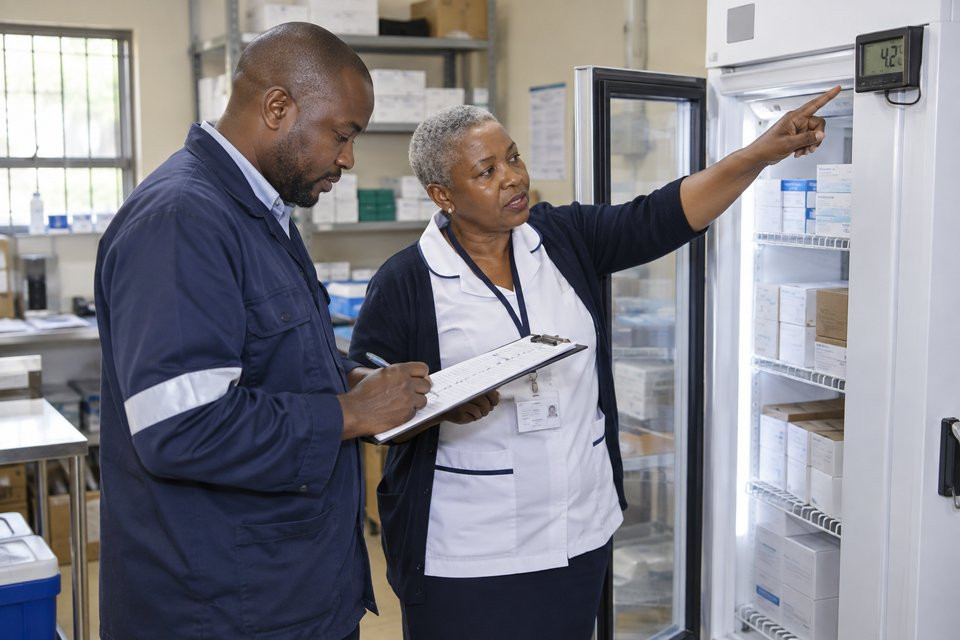 A clinic manager and stores coordinator inspect temperature records beside medical supplies.