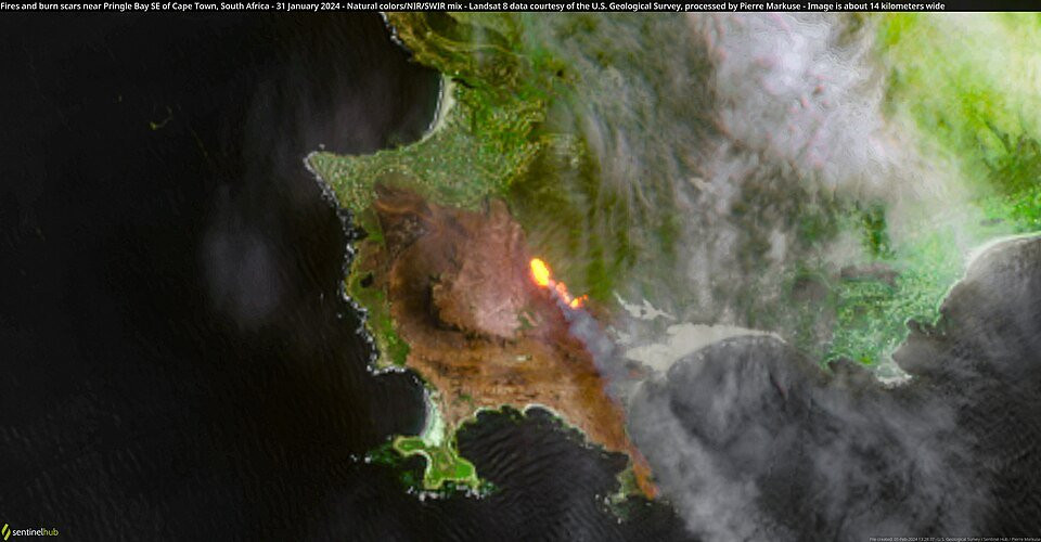 Satellite observation of fires and burn scars near Pringle Bay, South Africa, for remote sensing and GIS analysis.