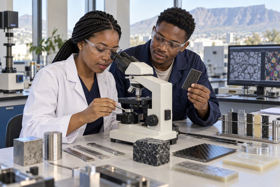 Two African engineering students examine metal and composite specimens in a materials science laboratory.