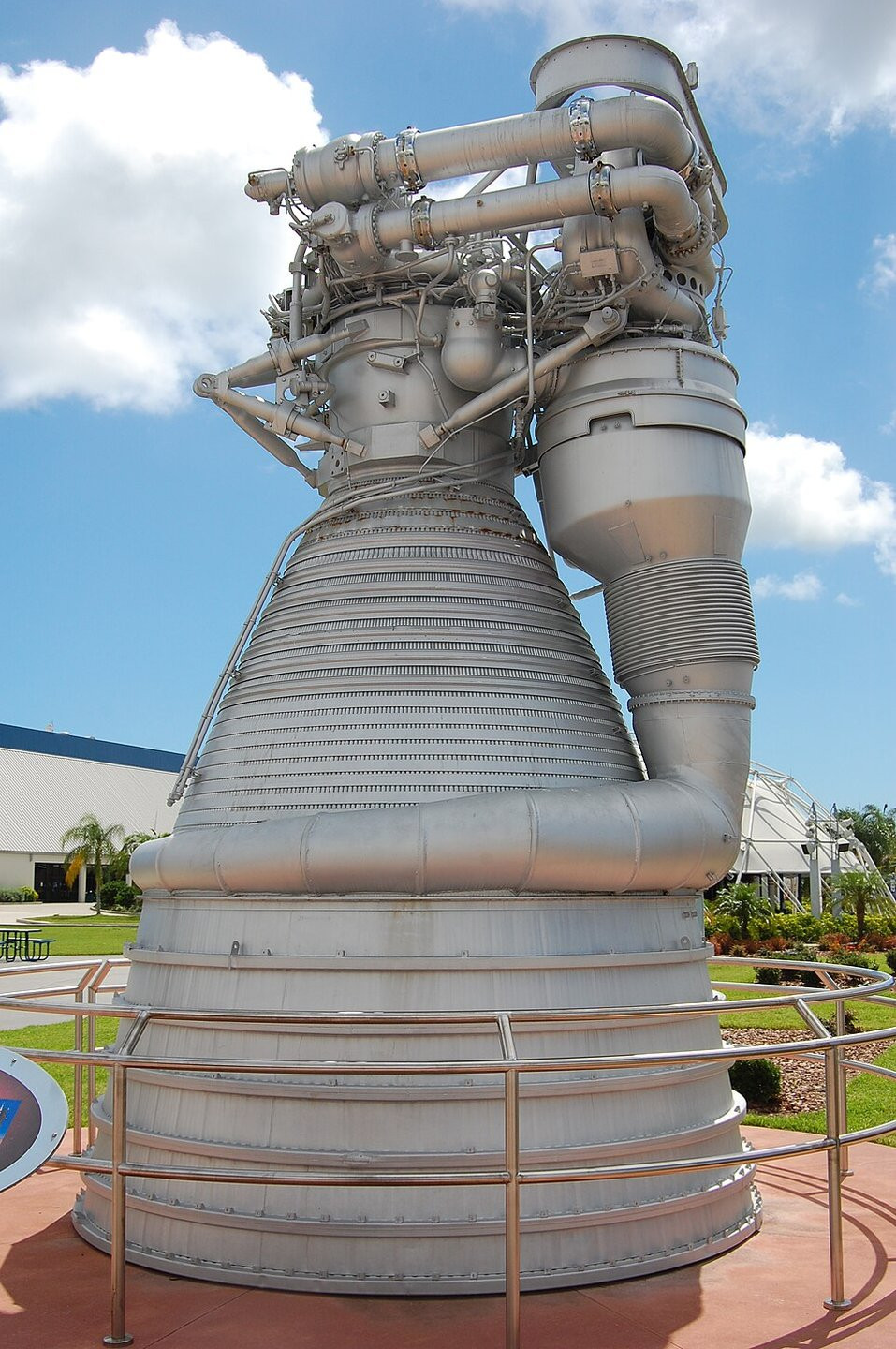 Static F-1 rocket engine used for civilian spaceflight, showing the nozzle and engineering hardware.