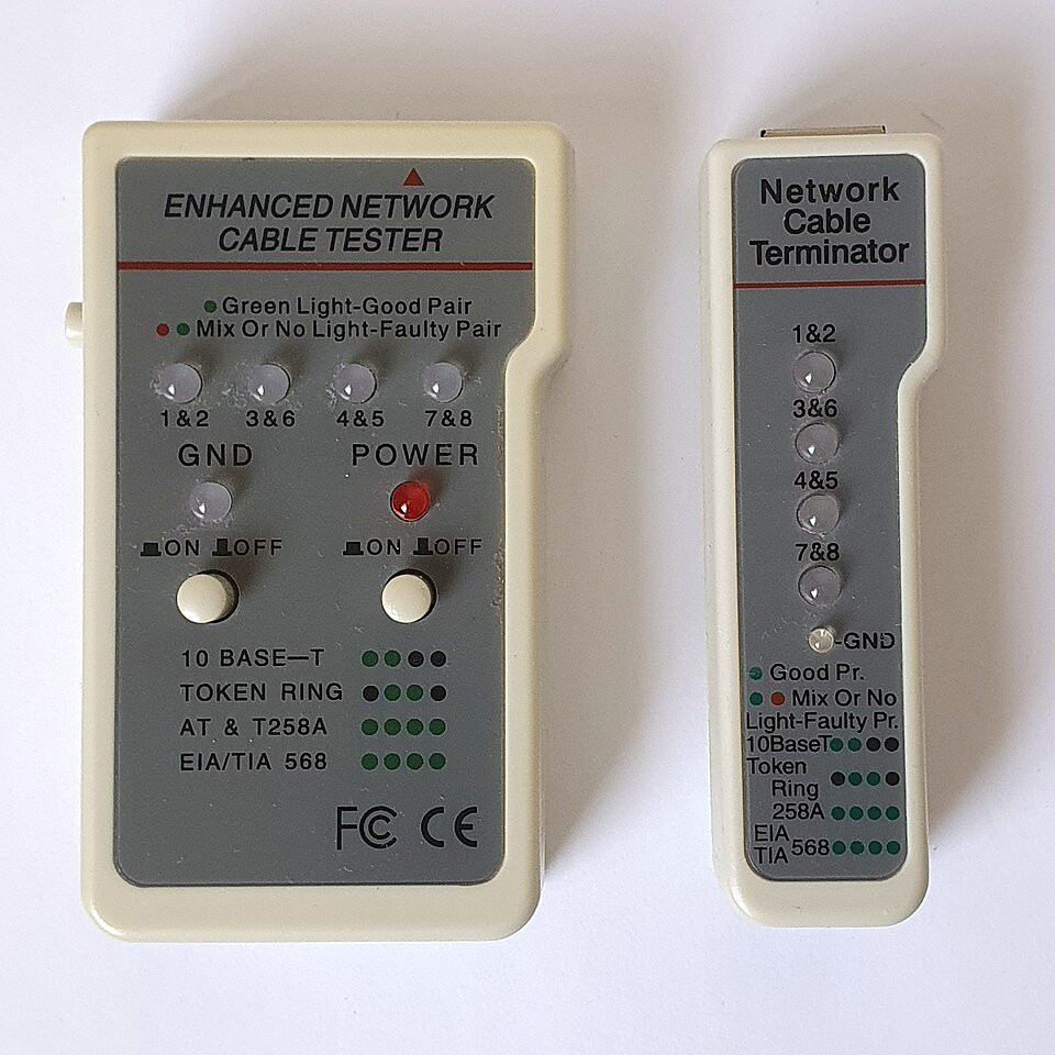 Network cable tester for checking electronic communication connections.