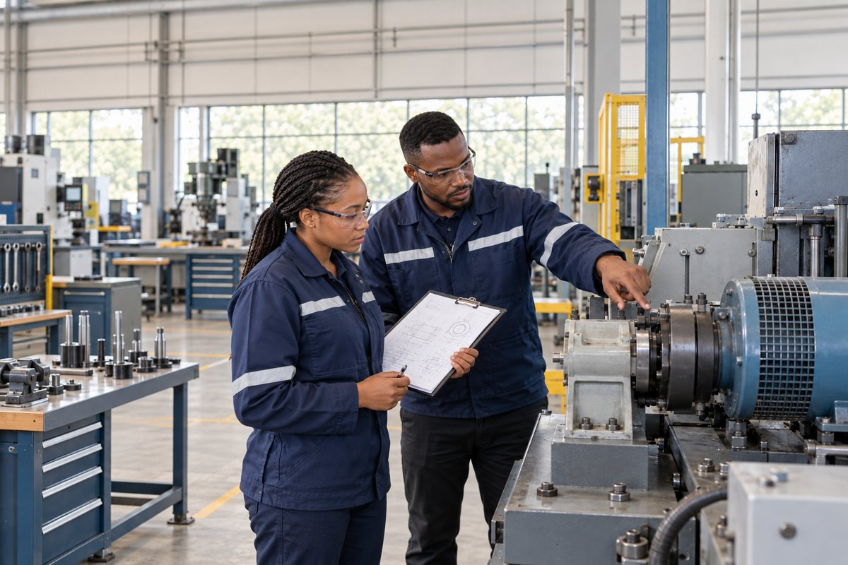 Mechanical engineering practitioners inspect industrial workshop equipment.
