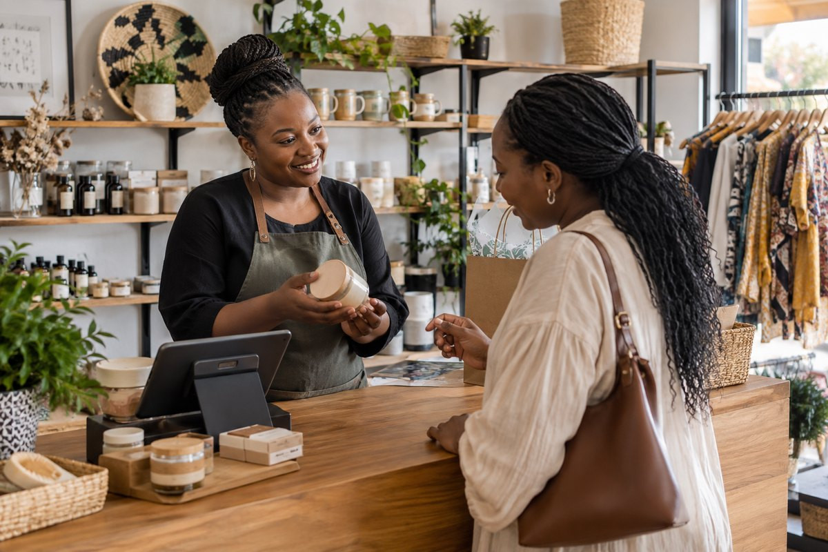 A small-business owner discusses a product with a customer in her shop.