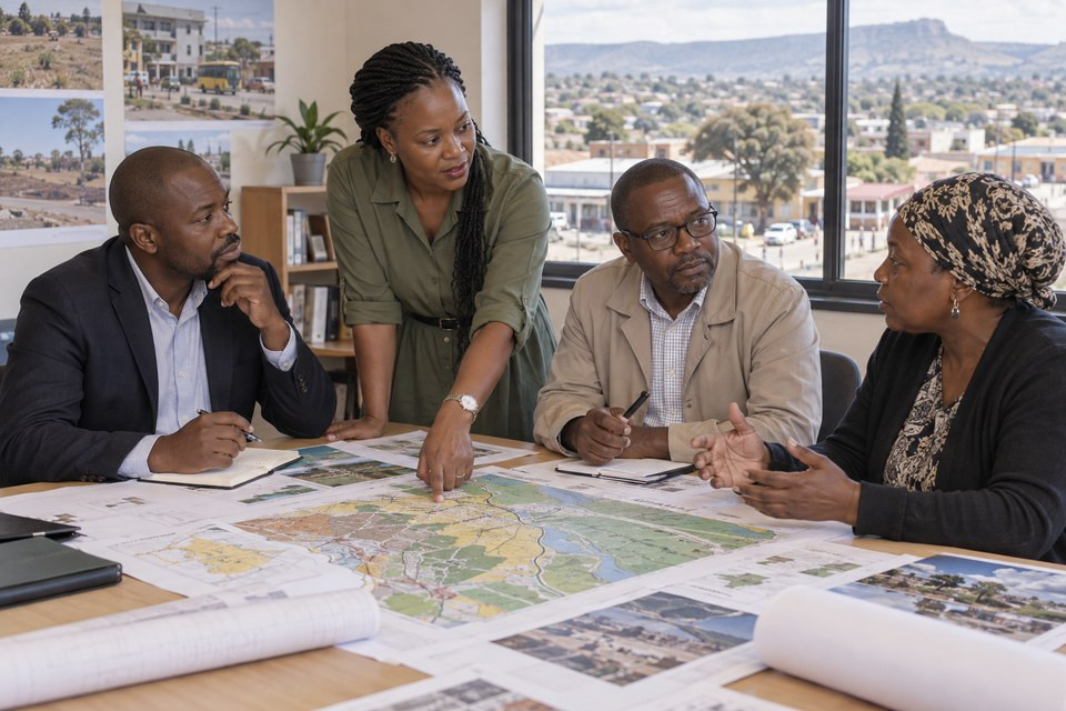 Southern African public-policy professionals and a community representative reviewing a district development map.