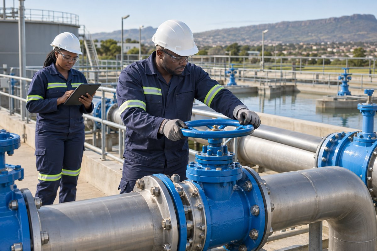Water-system technicians inspect a pipe valve at a treatment facility.