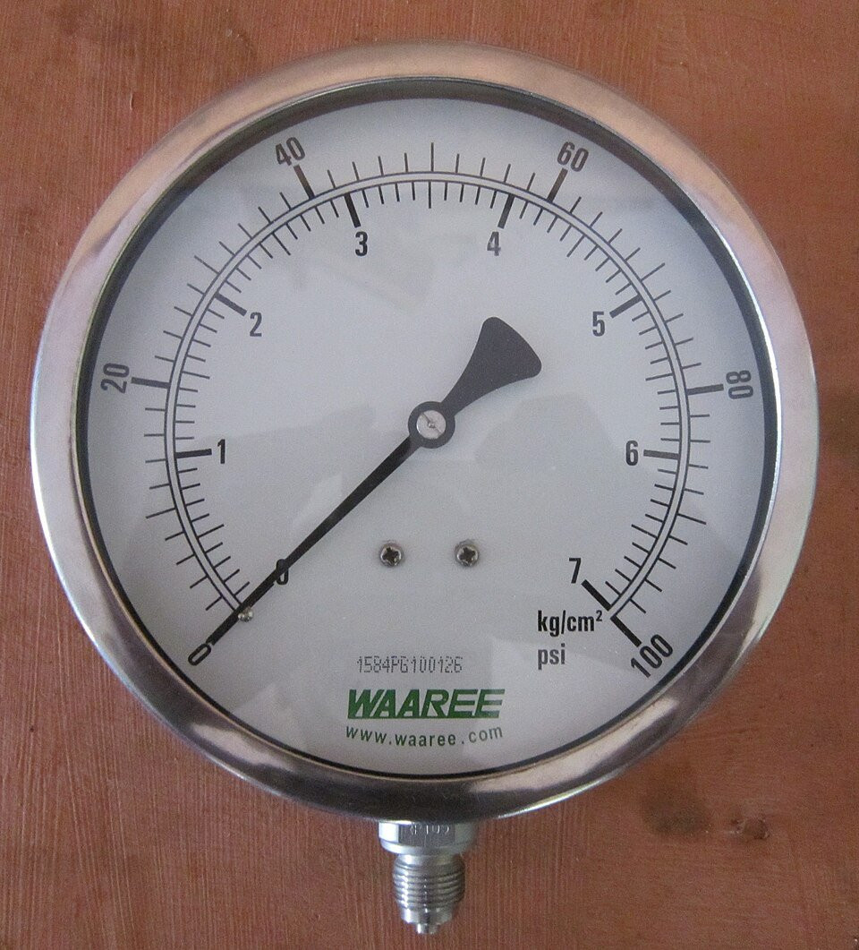 Industrial pressure gauge for basic process instrumentation and measurement.