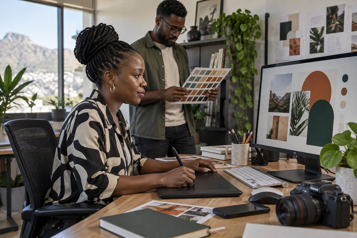 Designers work with a digital composition and colour samples in a studio.