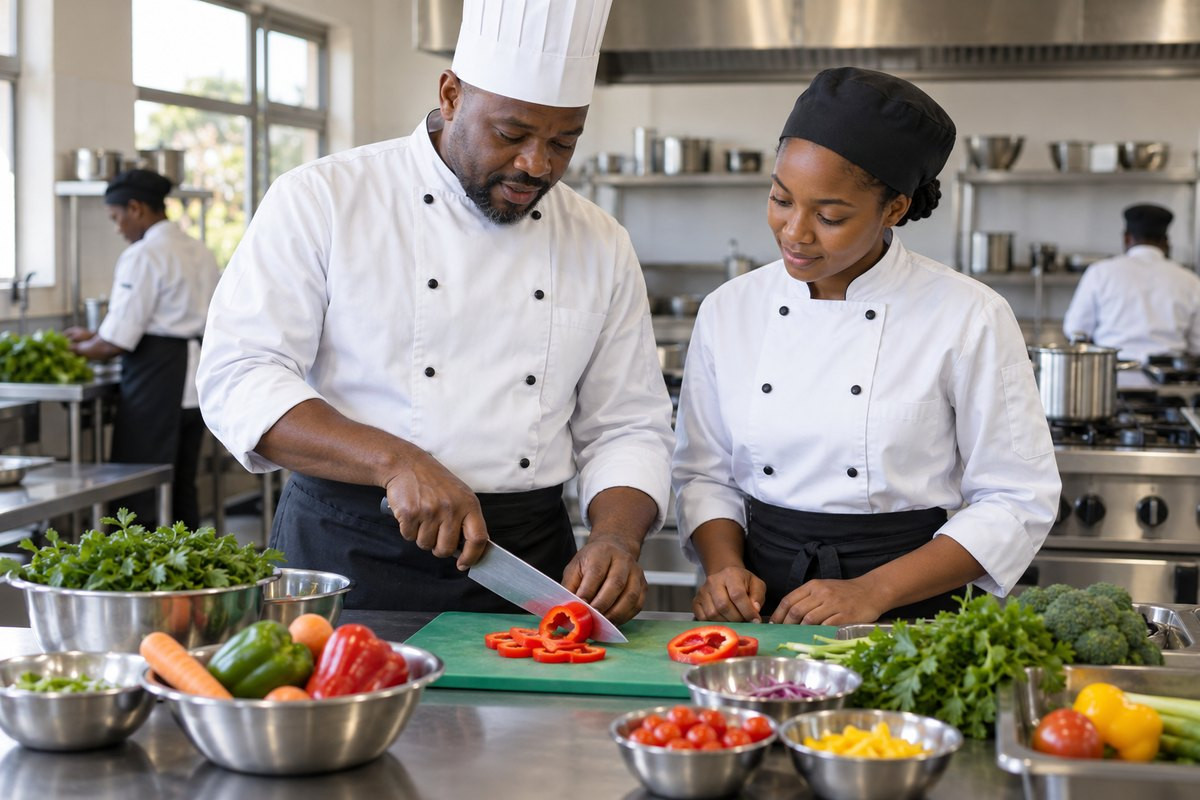 Two hospitality practitioners prepare fresh ingredients in a training kitchen.