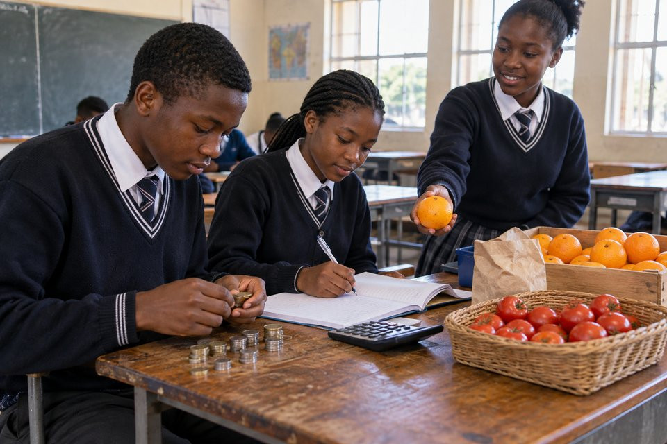 Learners record a classroom fruit sale using coins and a cashbook.