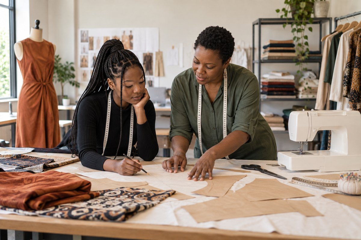 Fashion practitioners examine fabric and a garment pattern in a studio.