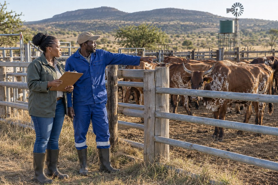Two Black Southern African livestock professionals review herd records and cattle beside a secure farm paddock.