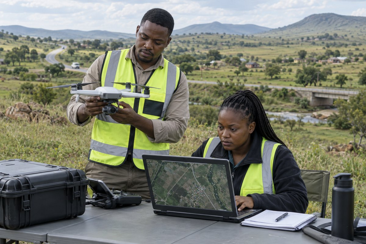 Geospatial practitioners prepare a drone and laptop for fieldwork.