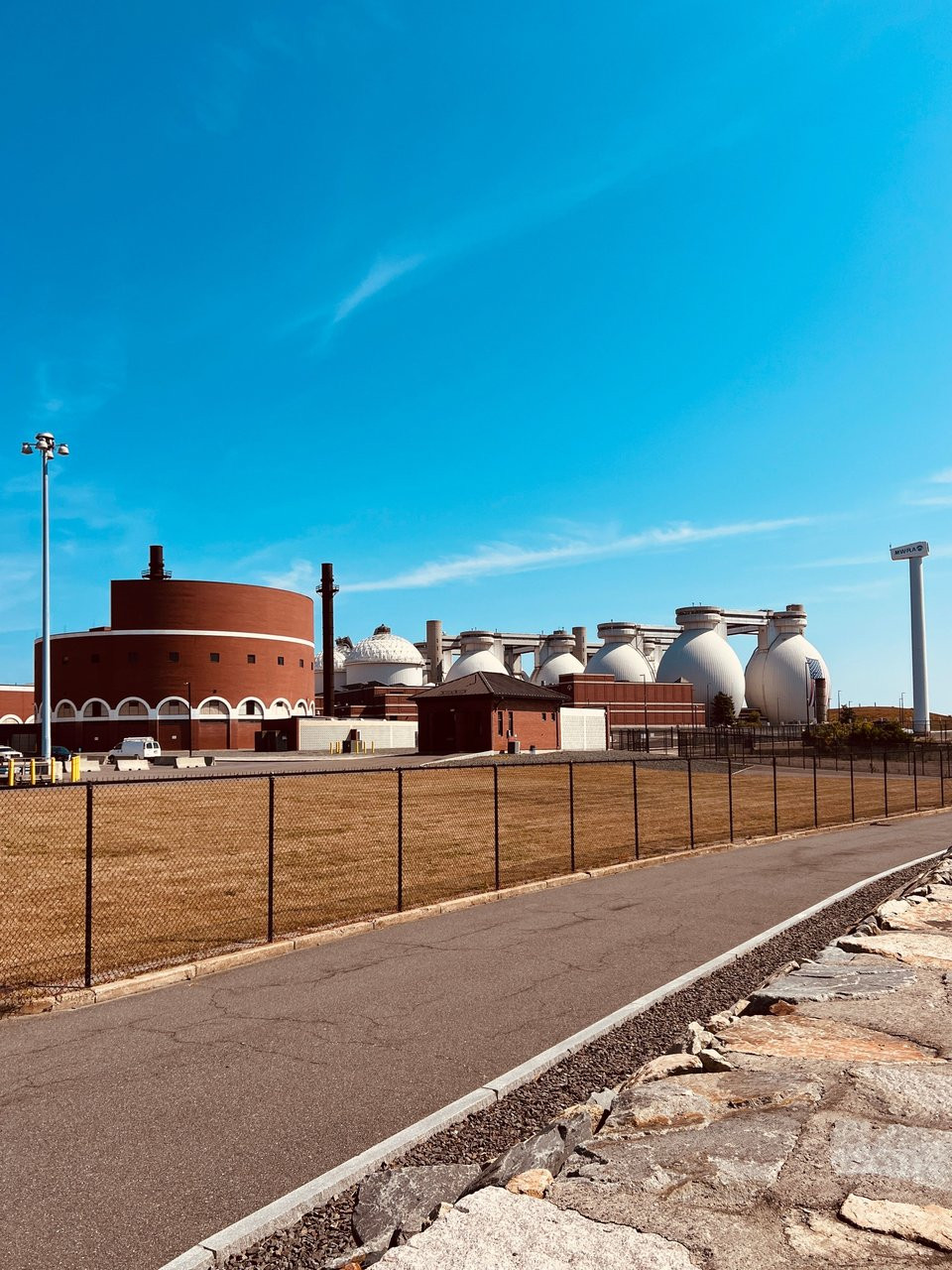 Wastewater treatment tanks and associated plant structures.