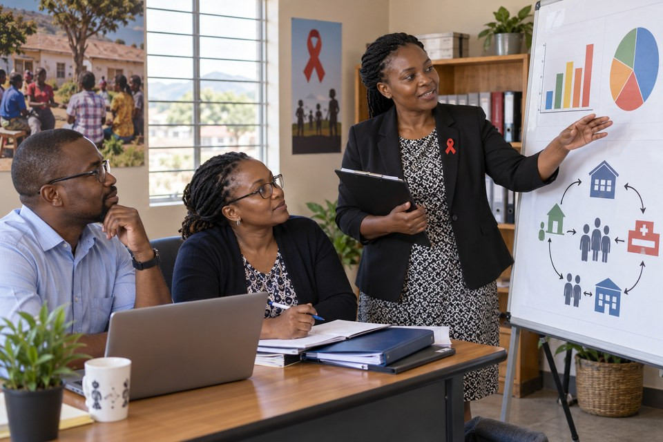 Three Black Southern African health-programme professionals review service indicators and referral arrangements in a community health office.
