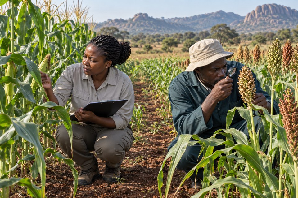 Black Southern African agronomist and field technician examine maize and sorghum crops in a field.