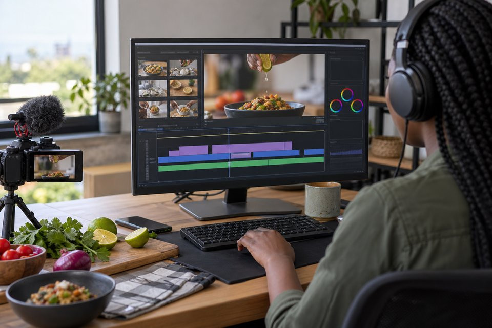 A digital marketer edits food-product footage beside a camera and ingredients.