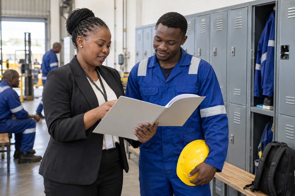 A human resources officer reviews an induction folder with a new factory employee.