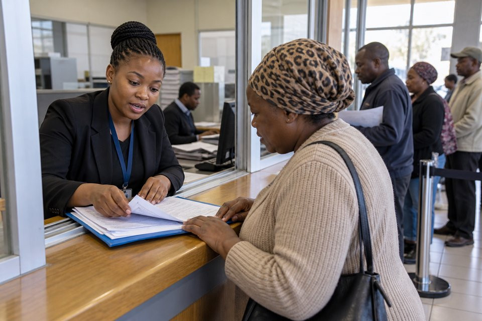 A public administration trainee helps a resident organise an application folder.