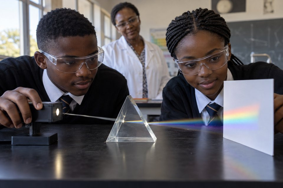 Learners investigate light refraction using a glass prism in a science laboratory.