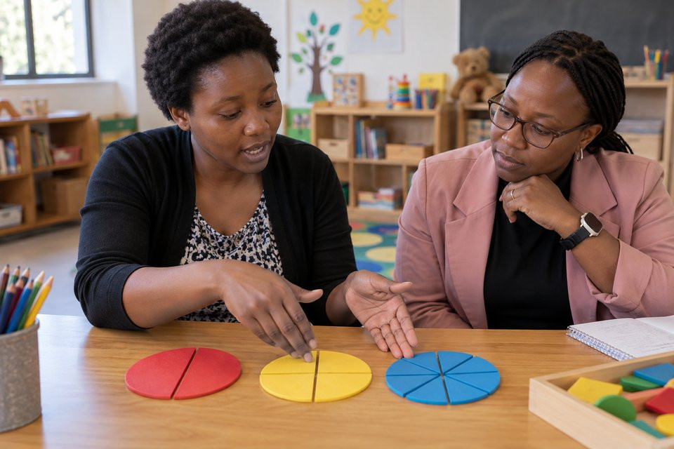 A trainee primary teacher demonstrates fractions with coloured circular teaching aids.
