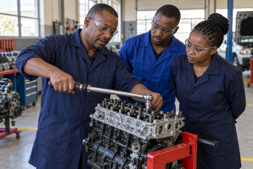 A technical teacher demonstrates a torque wrench on an engine training stand.