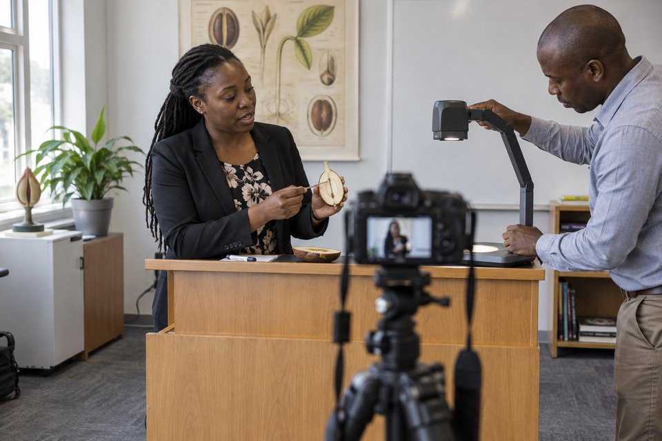 A lecturer records a teaching demonstration with a colleague operating the camera.