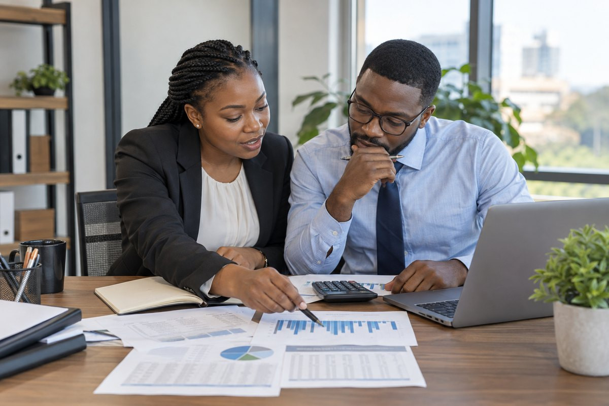 Two accounting professionals examine financial charts beside a laptop.