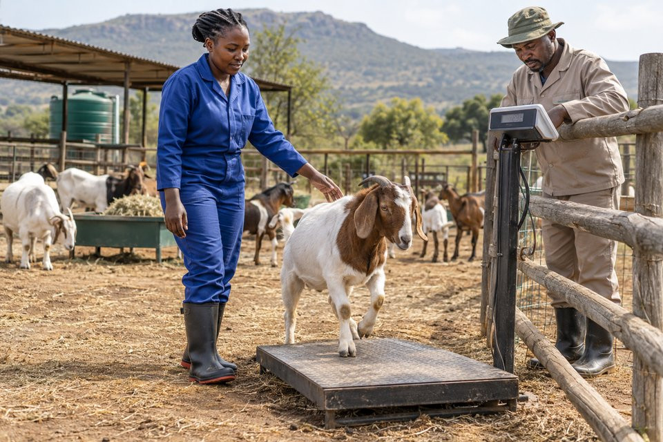 A livestock learner guides a goat onto a weighing platform.