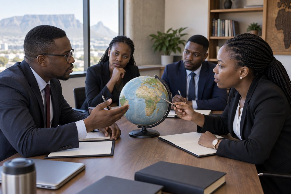International relations learners discuss a globe during a simulated negotiation.